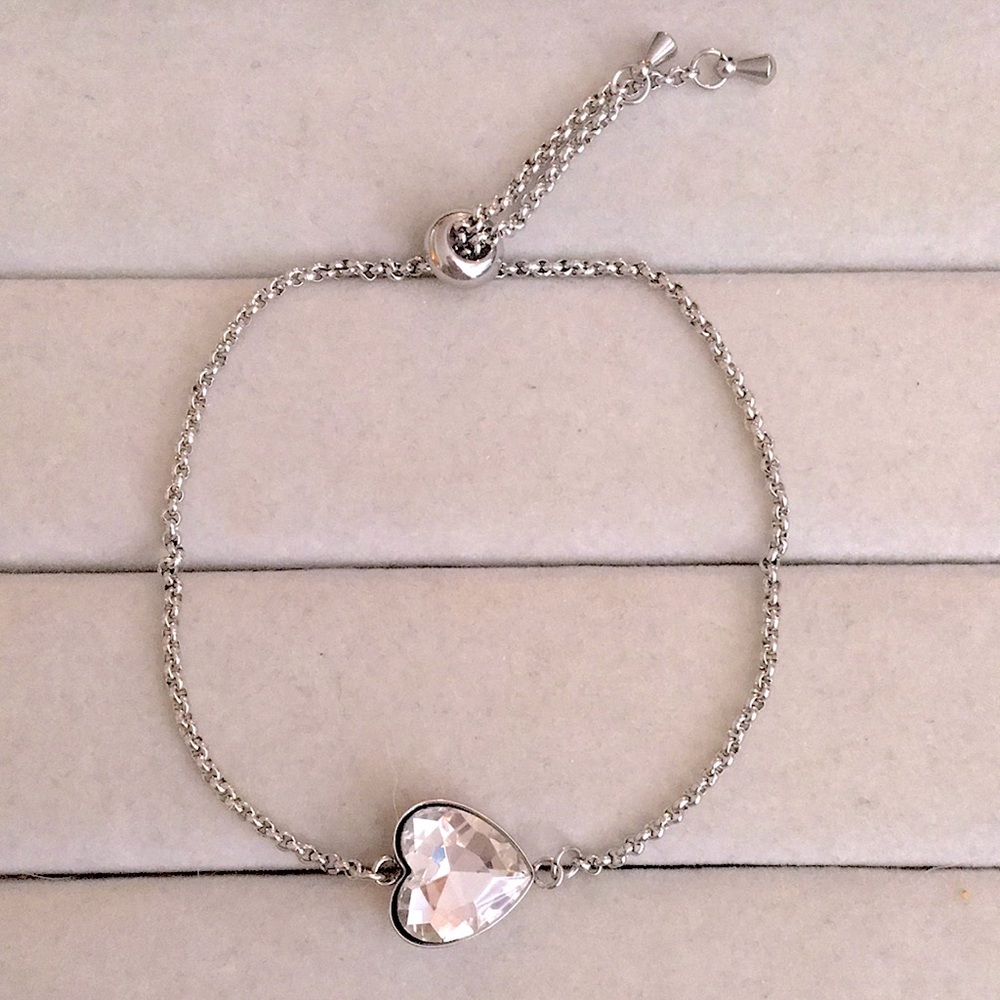 Classic Clear Crystal Heart + Stainless Steel Adjustable Boho Bracelet